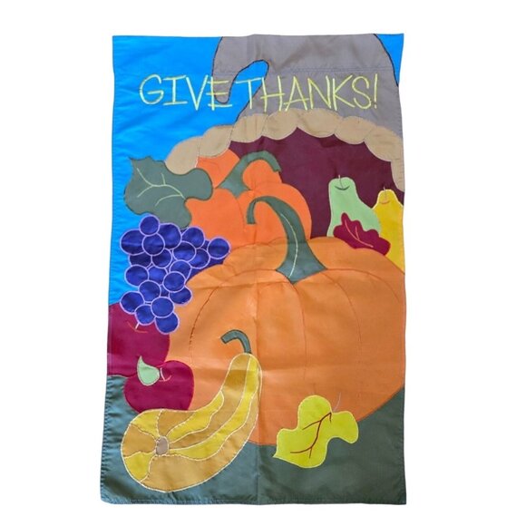 Evergreen Thanksgiving "Give Thanks" Embroidered Garden Flag - Picture 1 of 4